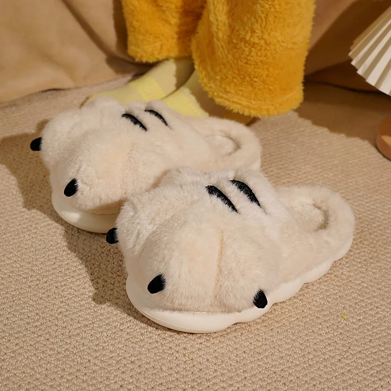 Cute Cartoon Fluffy Slippers For Women Men Winter Warm Shoes Soft Plush Big Paw Anti-slip Couples Indoor Home Cotton Slipper 251129