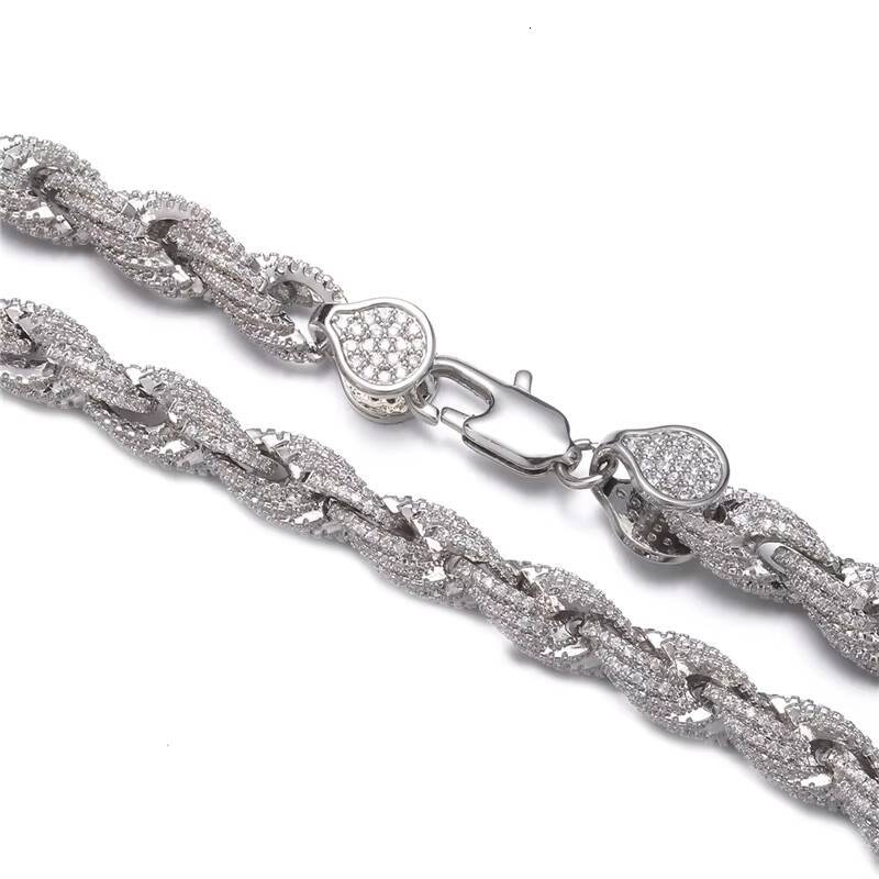 Fashion Trendy Hip Hop Chain Jewelry 8mm Mens Real Silver Gold Plated Twist Chain Iced Out Full of Diamond Rope Chain Necklace
