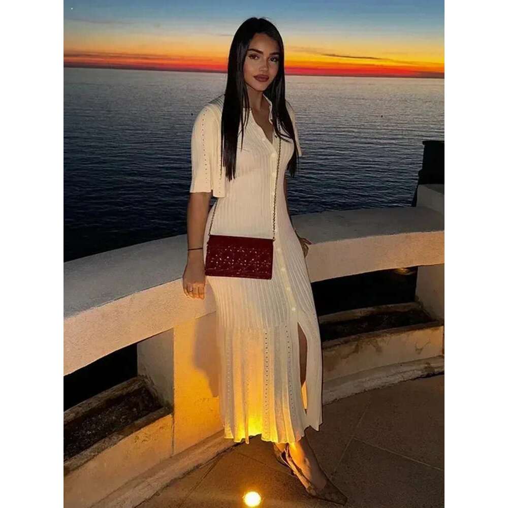 TRAF Women's Knitted Fishtail Long Dress New Round Neck Single-Breasted Cardigan Sexy Slim Dress Elegant Women's Clothing