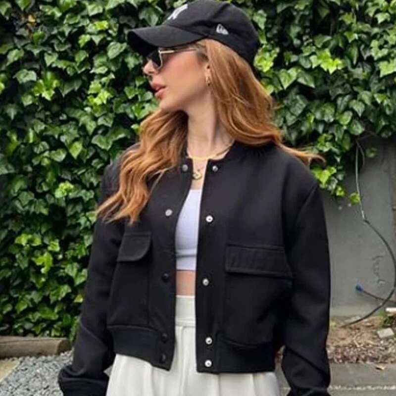 TRAF Women's Bomber Jacket Crop Black Off White Outerwears Spring 2025 New In Coats Aviator Varsity Button Long Sleeve Coat 066