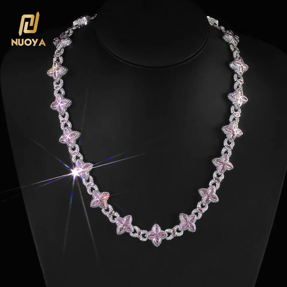 NUOYA Fine Jewelry Silver Plated Cuban Link Chain Colorful Eye Marquise Zircon Iced Out Diamond Four-Leaf Clover Chain Necklace