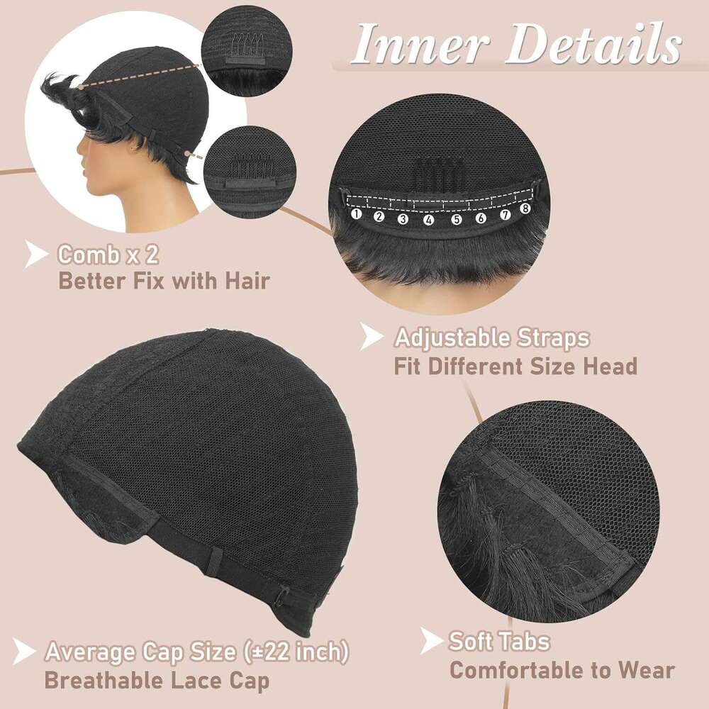 RUWISS Cut Human Hair Pixie with Bangs Natural Wig Layered Wavy Different Style Short Wigs for Black Women (1B#)