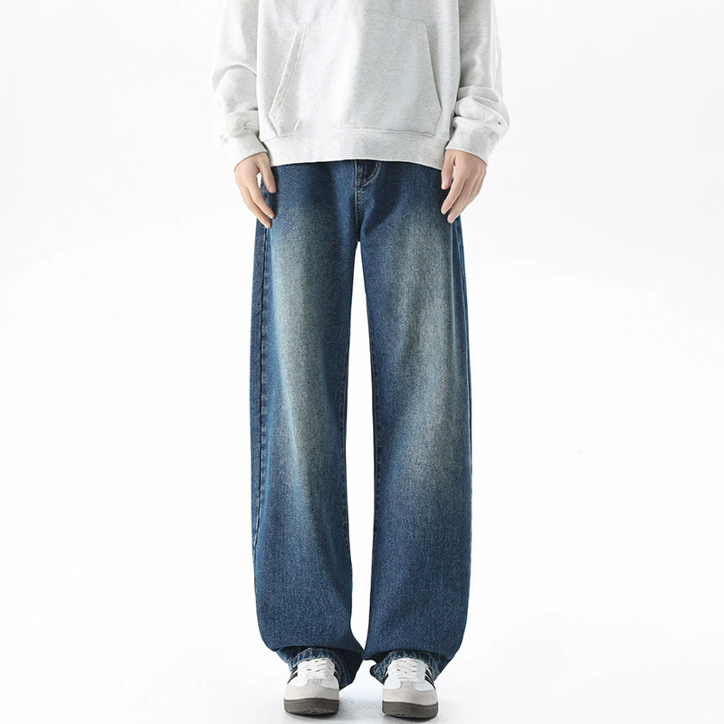 PLus Size 5XL Denim Pants Men Jeans Straight Washed Jean Loose Full Length Solid Loose Zipper Fly Spliced Distressed Mid Waist Vintage Trousers