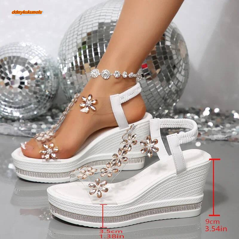 Elegant Ladies Crystal Floral Sandals Women Summer 2025 Chunky Platform Wedge Heels Sanalias Mujer High Heeled Party Shoes Woman ddmykukumalu