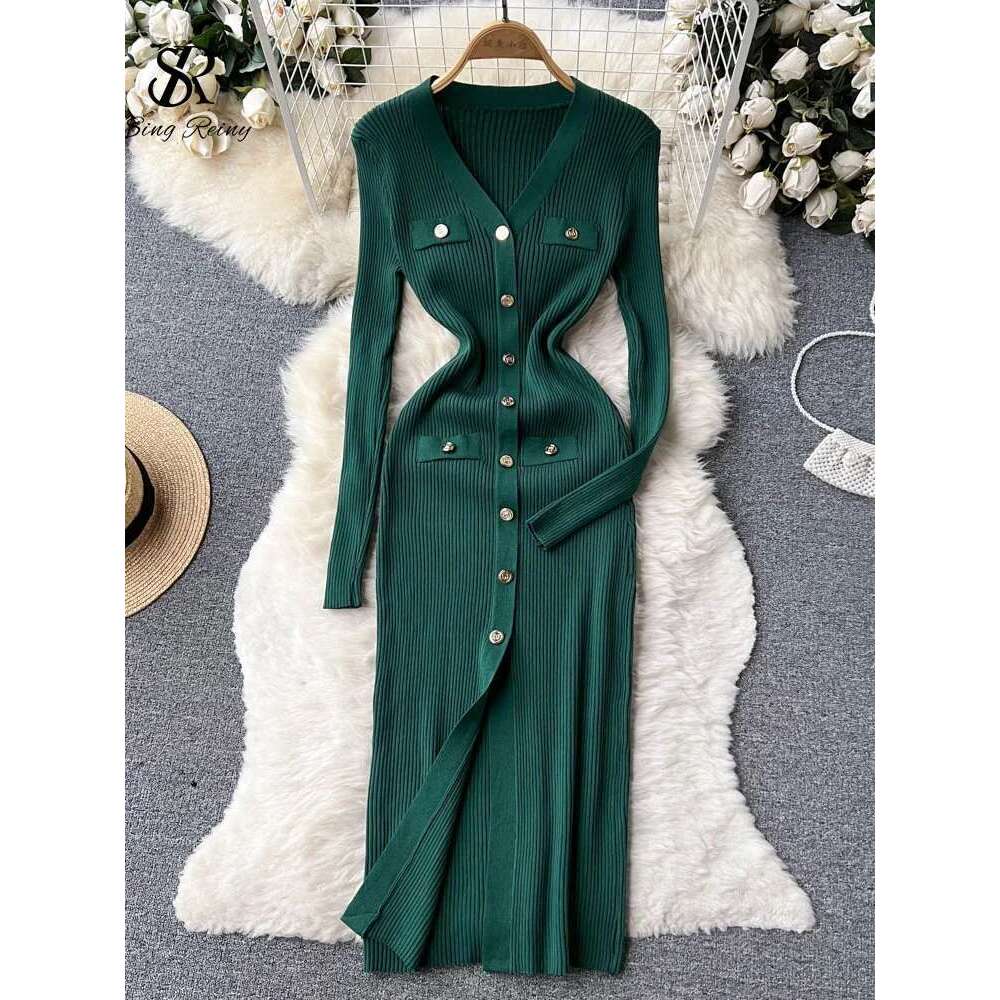 SINGREINY Winter Slim Design Knitted V Neck Single Breasted A Line Split Midi Sleeve Women Sweater Long Dress