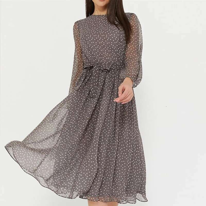Spring and Summer Chiffon Long Sleeved Solid Color Polka Dot Dress Elegant Lantern Sleeve Round Neck High Waisted Dresses