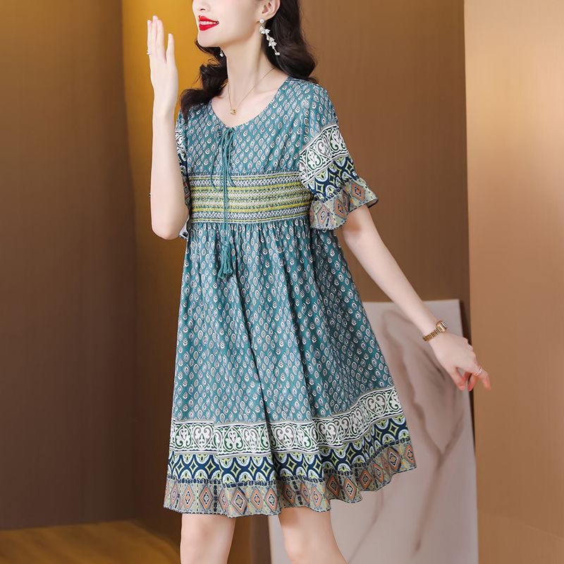 Korean version of large size women's loose commuting printed dress 200 pounds summer elegant A-line skirt D02321