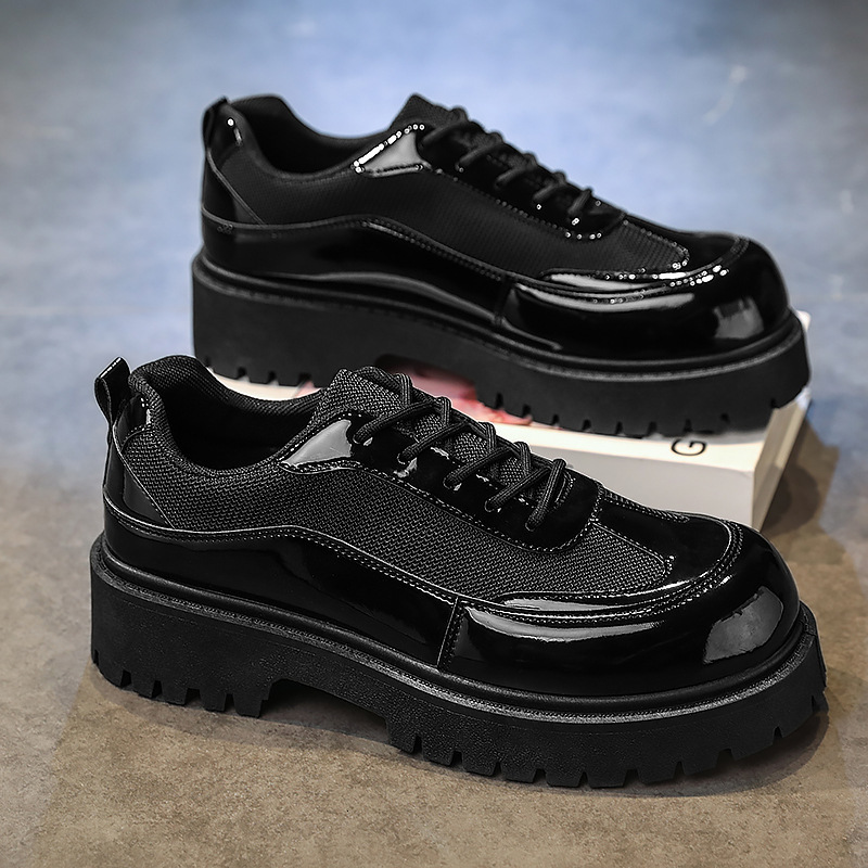 British Style Black Round-toe Derby Shoes Men's Thick-soled Leather Shoes Casual Shoes
