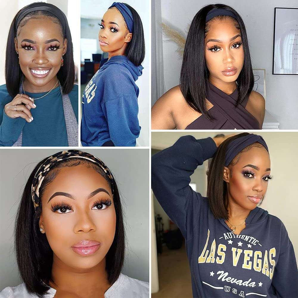 AISI Human Hair Bob Headband for Black Women Easy Put On and Go Glueless Short Straight Wigs hine Made 150% Density No Lace Wig Natural Color(10 Inch)
