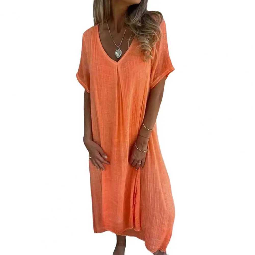 2024 Bohemian style cotton linen loose dress womens V-neck dress retro straight beach dress soft and breathable long dress W250430