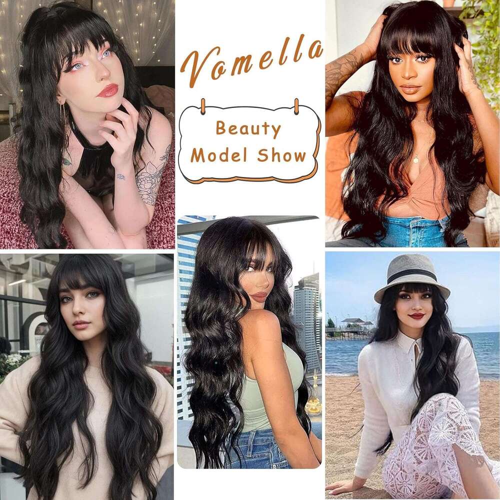 Vomella Black With Bangs 26 Inch Long Curly Wavy Wig Women Natural Looking Synthetic Heat Resistant Wigs for Daily Party Use