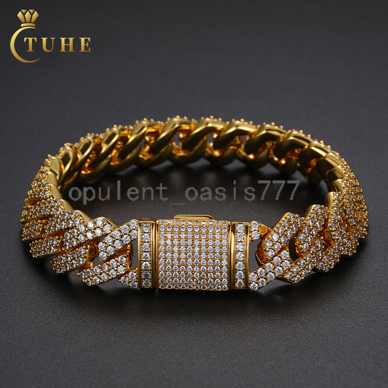 New Arrival Bileklik Hip Hop Jewelry Fashion Anklet 15mm Gold Plated Copper 2 Rows moissanite Stone Miami Cuban Link Chain Bracelet