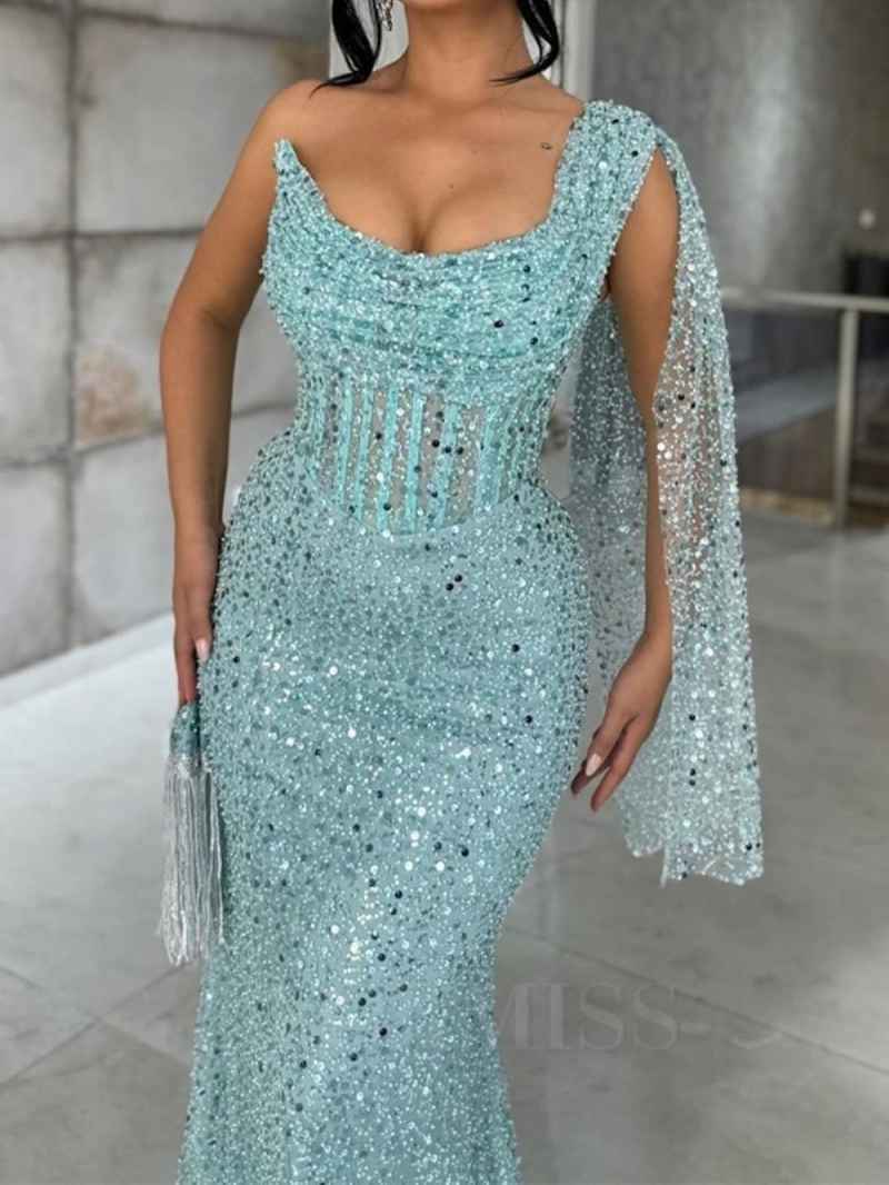 Sexy Sequined Prom Dresses Pleats One Shoulder Beading Birthday Party Dress Backless Homecoming Cocktail Evening Gowns Customized