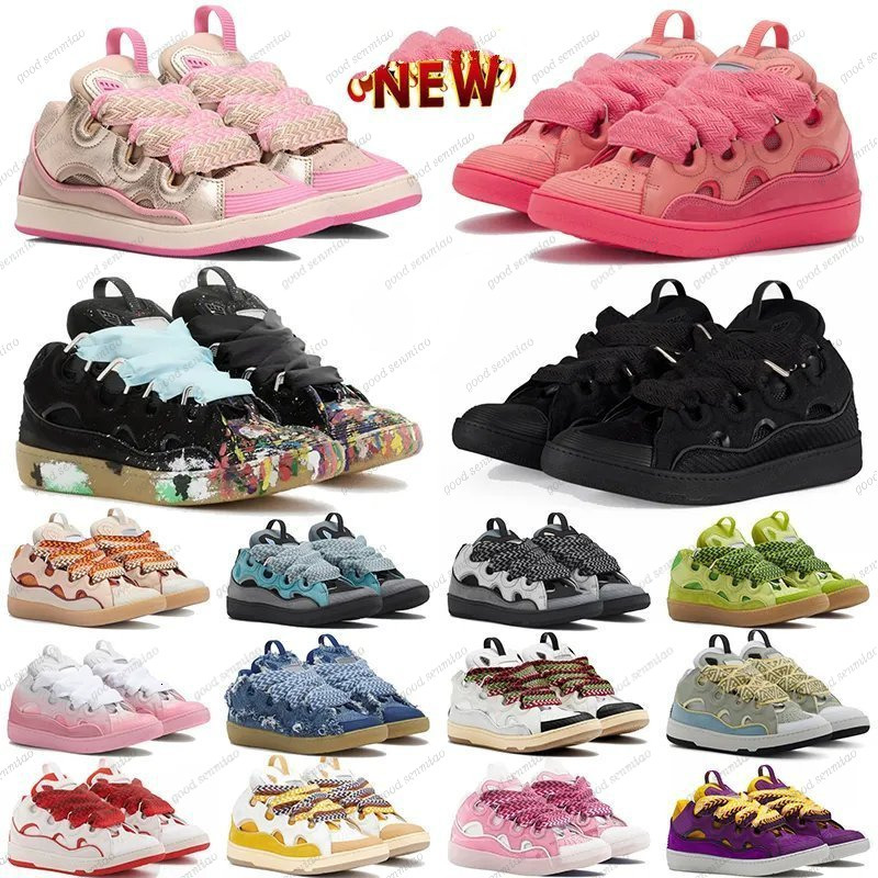 Fashion Designer Leather Curb Sneakers Casual Dress Shoes Mens Womens Denim Blue Pink White Ivory Calfskin Leopard Platform Rubber Sole Trainers With Box size35-45