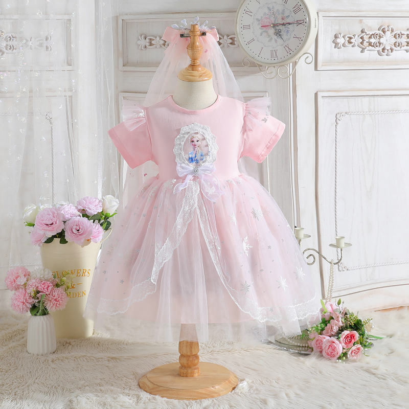 DISNEY Elsa Princess Dress kids designer clothes Girls Short Sleeve Icy Blue Dress Baby Fancy Party Dress Children's Tulle Dress