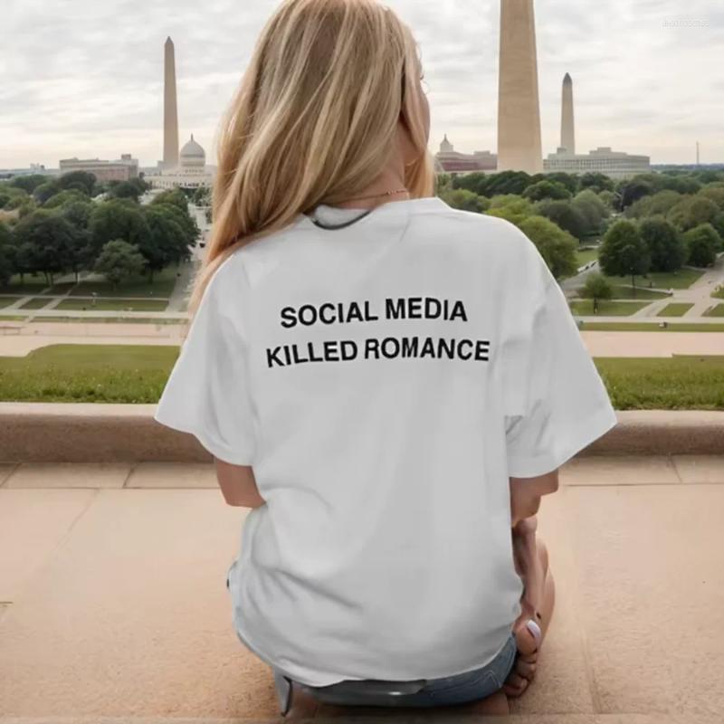 Men's T Shirts Social Media Killed Romance Shirt Men/Women Aesthetic Letter Print T-Shirt Unisex High Quality Vintage Sand Cotton Tees