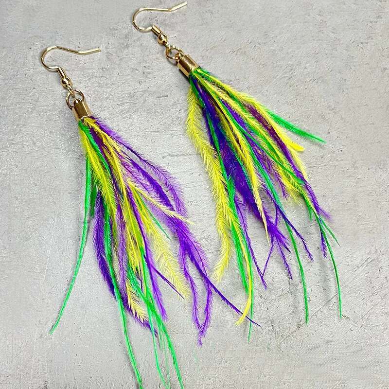 Carnival Purple Green Yellow Soft Feather Shining Water Drop Leather Glitter Pendant Personalized Metal Mesh Earrings