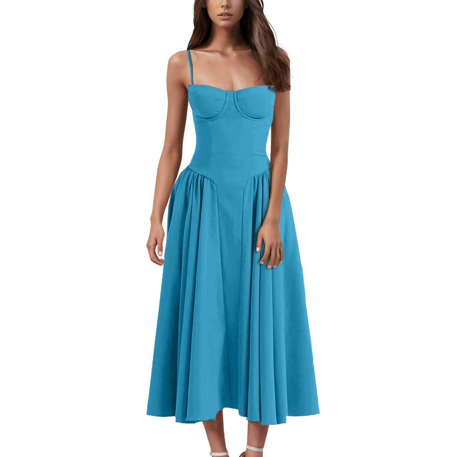 Elegant Italian spaghetti shoulder strap sleeveless A-line Midi womens summer new item backless pleated slip skirt womens fashionable loose dress W250