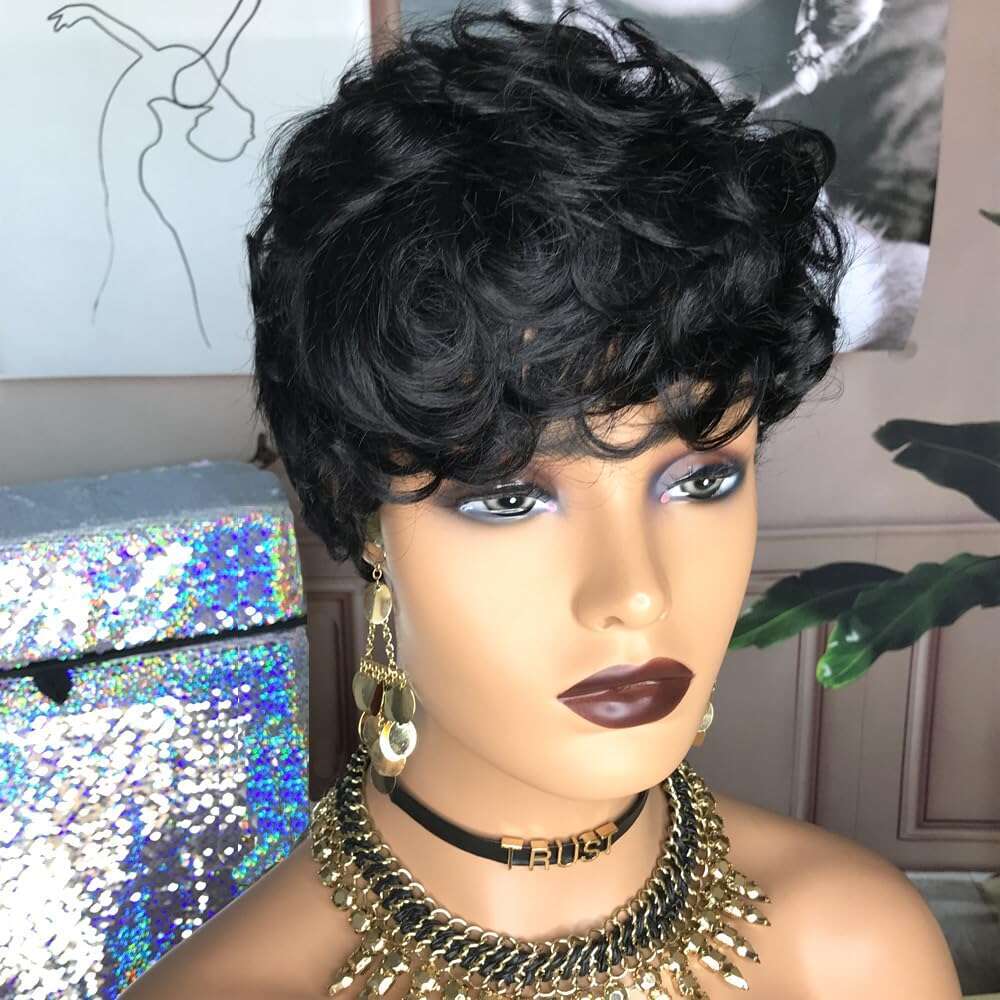 HOTKIS for Black Women Human Hair Pixie Cut Glueless Wig Short Wigs Natural Curly