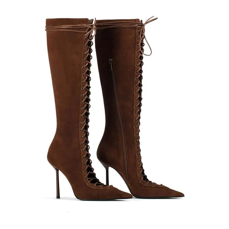 Mesh Pointed Toe Hollow Cross-Strap Stiletto Boots Woman Winter 2025 Black rear Zipper Knee-High Summer Boots Fashion Shoes 250428