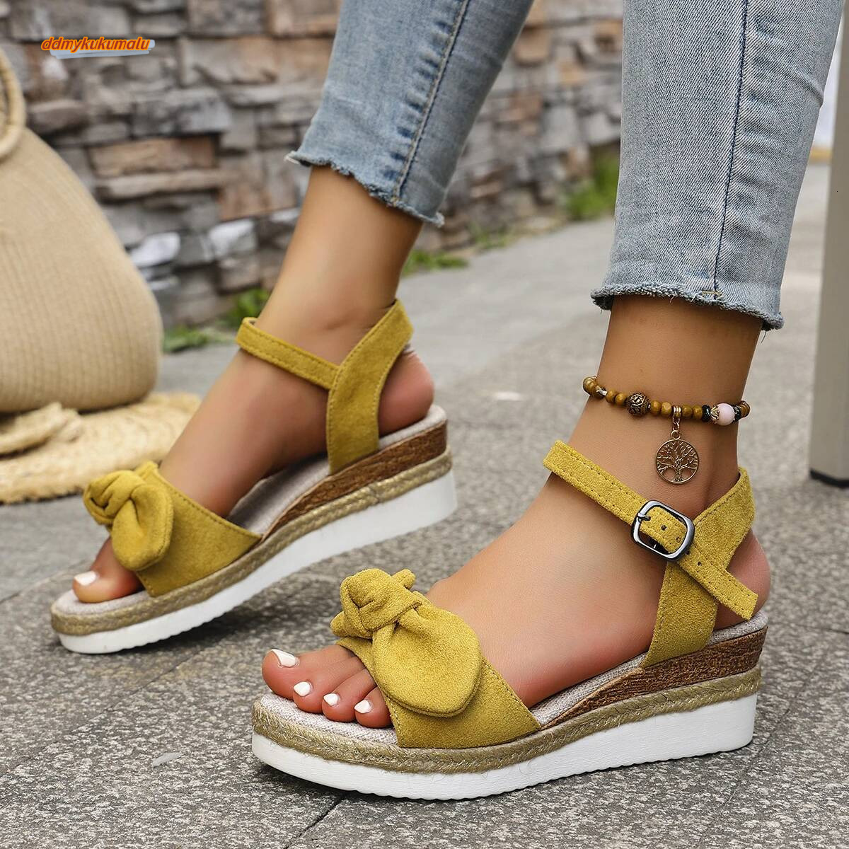 2025 New Wedge Straw Fashionable and Easiest for Match Bow Waterproof Platform Thick Sole Medium Heel Strap Sandals ddmykukumalu
