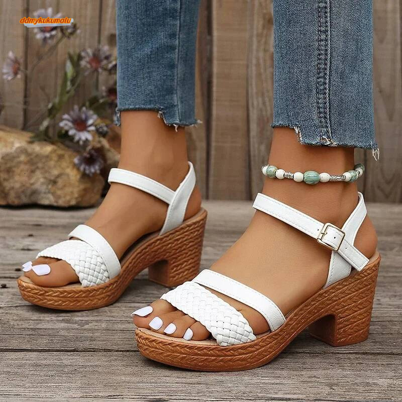 Zoki White Chunky Heeled Women Summer 2025 Braid Band Gladiator Sandals Woman Ankle Strap Casual Platform Sandles Mujer ddmykukumalu