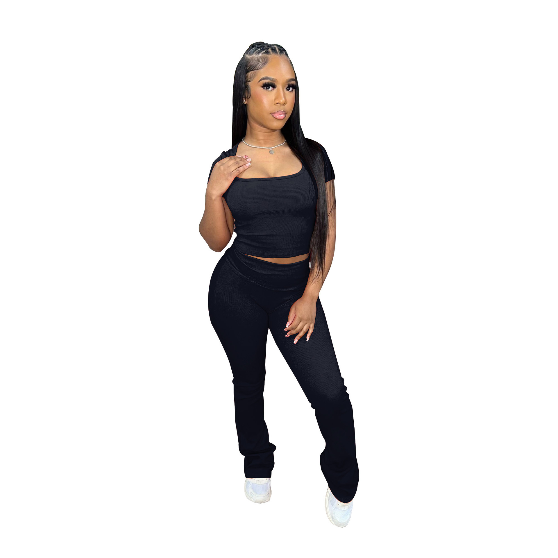 Womens Tracksuits Two Pieces Set 2025 Summer New Pit Stripe U Neck Short Sleeve Flipped Pants 5 Colors