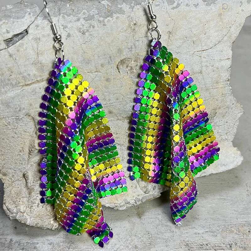 Carnival Purple Green Yellow Soft Feather Shining Water Drop Leather Glitter Pendant Personalized Metal Mesh Earrings