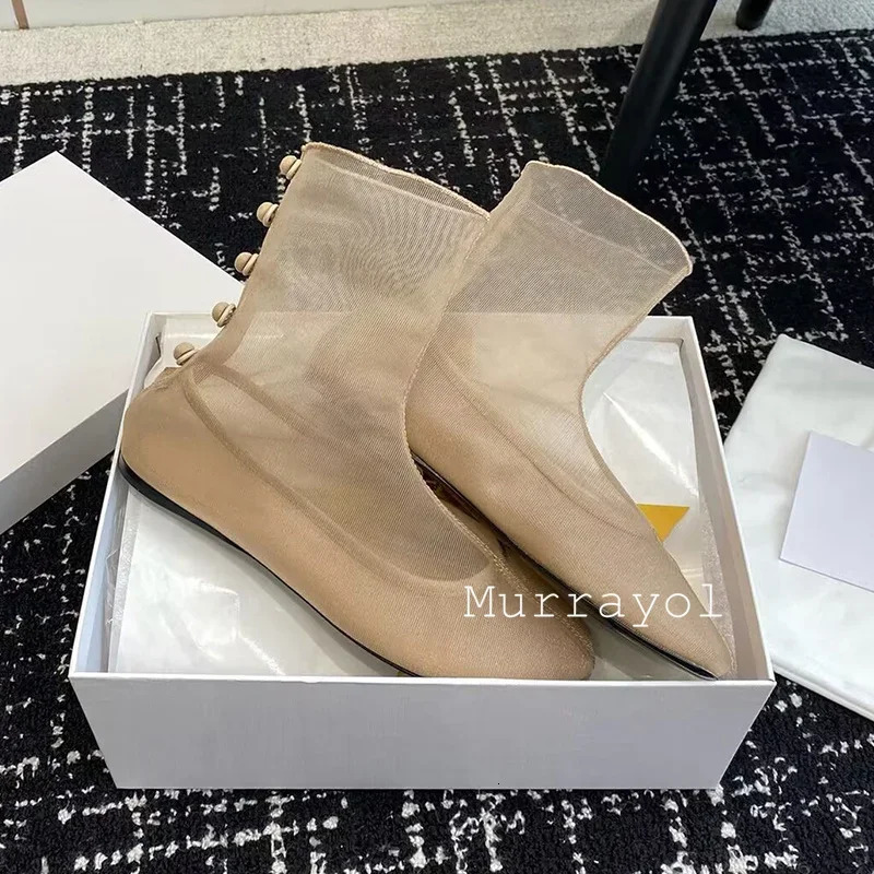 Round Toe Solid Color Rear Button Cool Boots Women Mesh Breathable Flat Heels Ankle Boots Summer Sexy Fashion Short Boots 250428