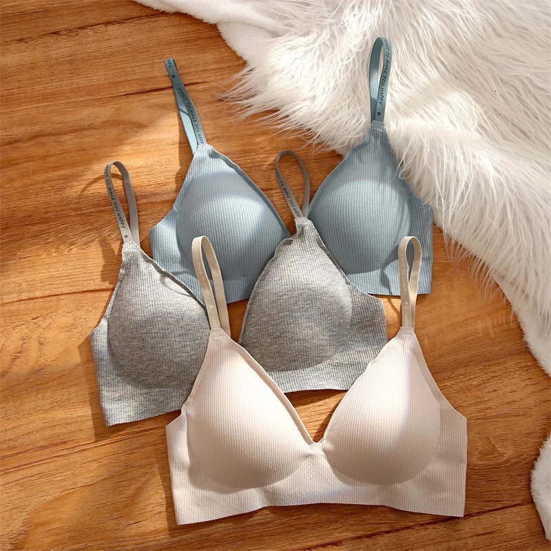 FINETOO Womens Wireless Deep VPad Bra SXL Fashion Striped Knitted Sexy Solid Underwear 6 Colors 250430