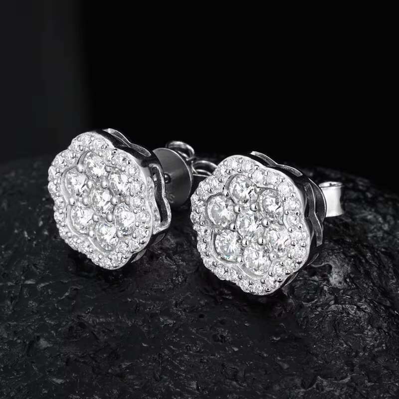 Hip Hop-Inspired 925 Silver Screw Back Ear Studs Iced VVS Moissanite Flower Cluster Gold-Plated Certified Fashion Stud Earrings