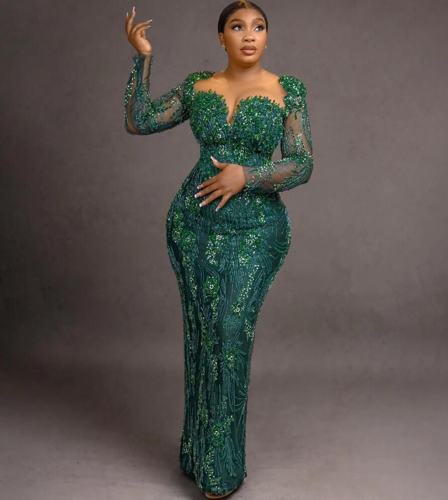 Aso Ebi Dark Green Mermaid Prom Dress Crystals Beaded Lace Evening Formal Party Second Reception 50Th Birthday Engagement Gowns Dresses Robe De Soiree