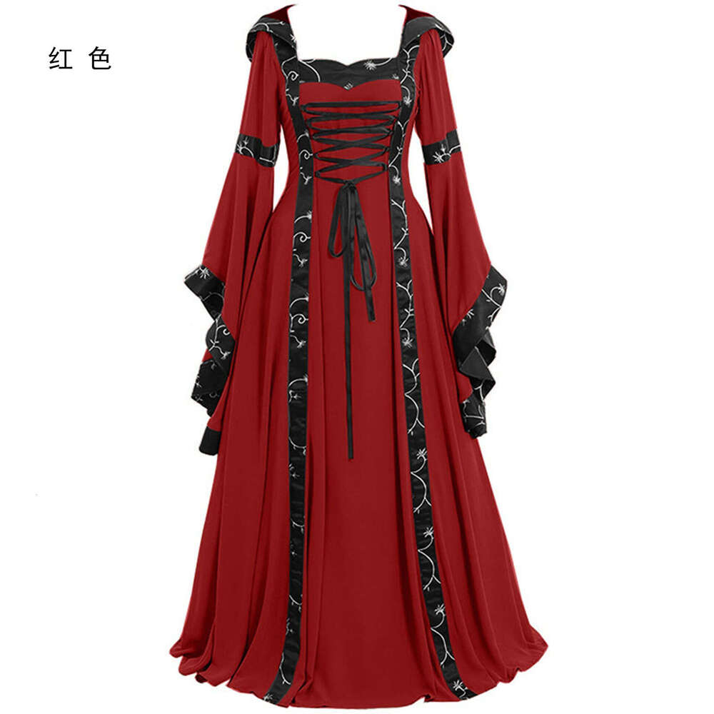 European and American medieval retro hooded dress with square collar, lace up, flared sleeves, large swing skirt, 2025 new casual fashion trend clothi