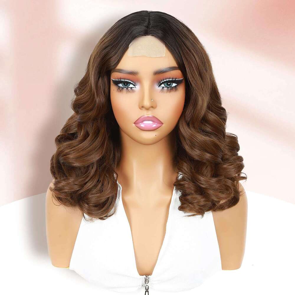 WIGER Big Curly Lace Front Loose Wave Short Wavy Bob for Black Women Ombre Brown Middle Part Shoulder Length Wig Synthetic Wigs