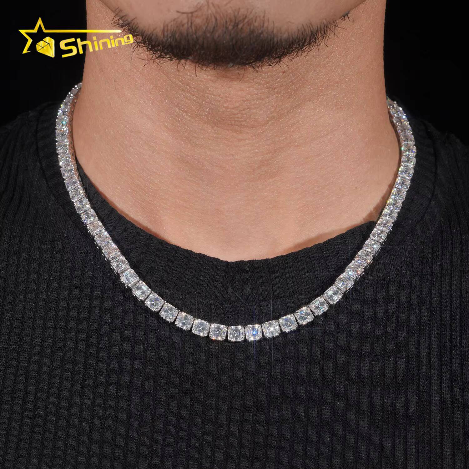 Gra Certified Hip Hop Jewelry 925 Sterling Silver Asscher Cut 55mm Necklace Iced Out Moissanite Diamond Tennis Chain Bracelet