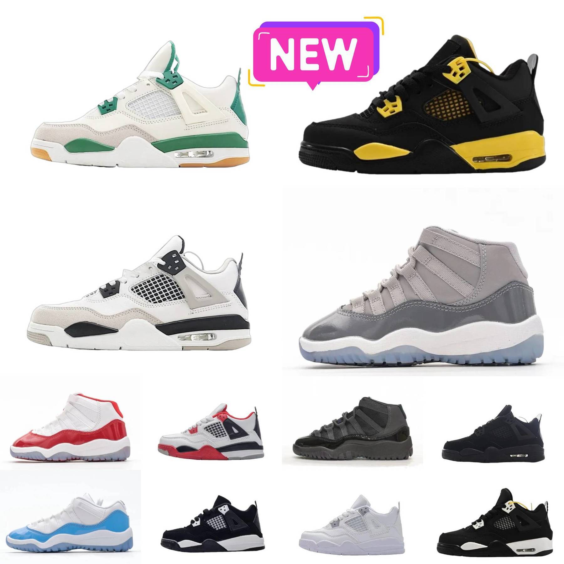 Designer 4 J4 J11 Kids Sports Shoes Trainers Boy Girl 11 11s 4S Pine Green Military Black Cat Pure White Cement RetroES Basketball Shoe Cherry Thunder Infrared Sneaker