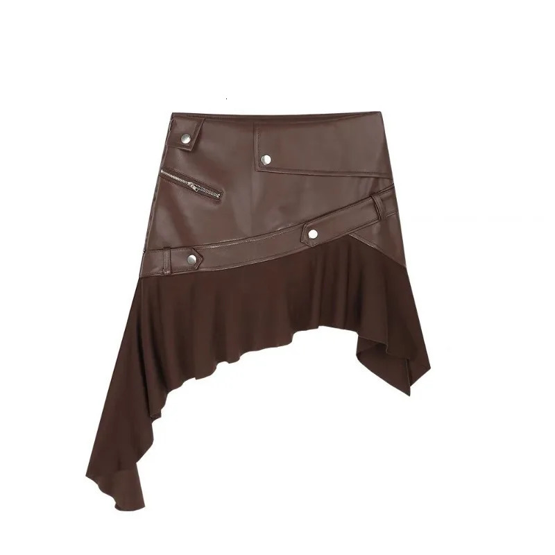 Retro Coffee Colored PU Leather Midi Skirt for Women in Autumn Irregular Ruffle Edge A-line Hip Hugging Spicy Short Skirt 250428