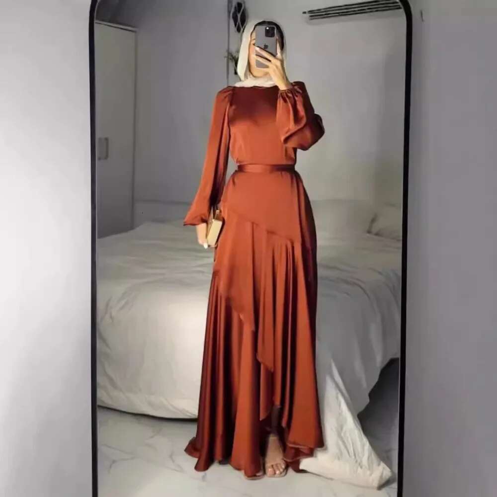 2025 New Fashion Muslim Women's Satin Solid Color Gown With Lace Hem And Belt Large Swing Cross-Border Fashionable Elegant Dress