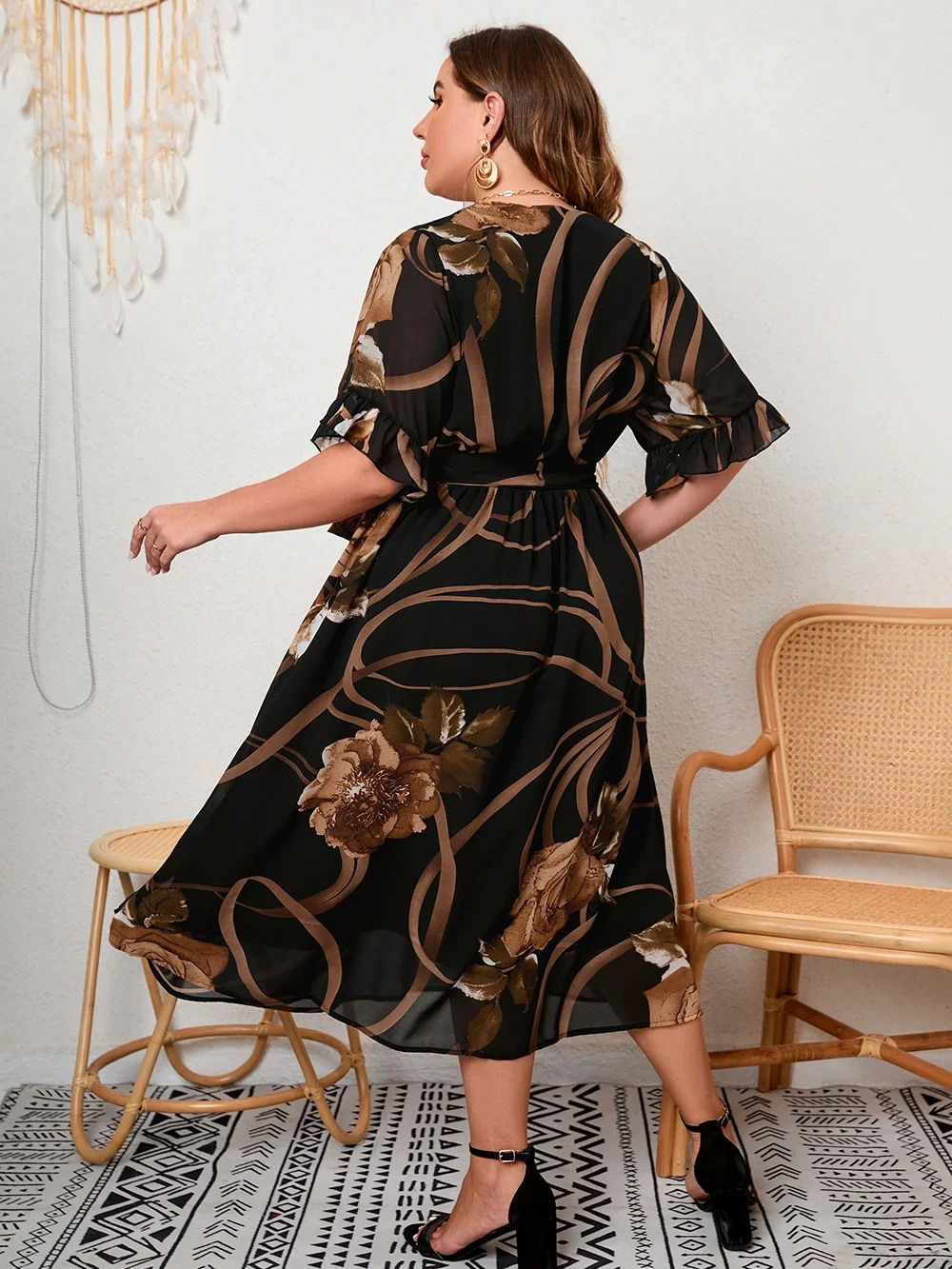 Plus Size Dresses Woman Summer V Neck Short Sleeve Floral Print Chiffon Casual Dress Big Large Curvy Size Women Clothing 250425