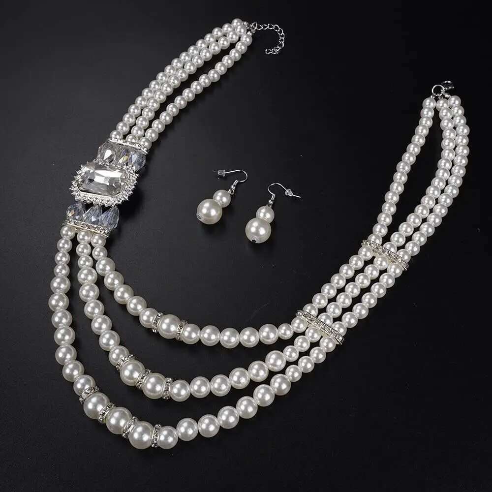 Bridal Jewelry Set Trendy Fashion 3-Layer Imitation Pearl Crystal Rhinestone Necklace And Earrings Women's Party Accessories