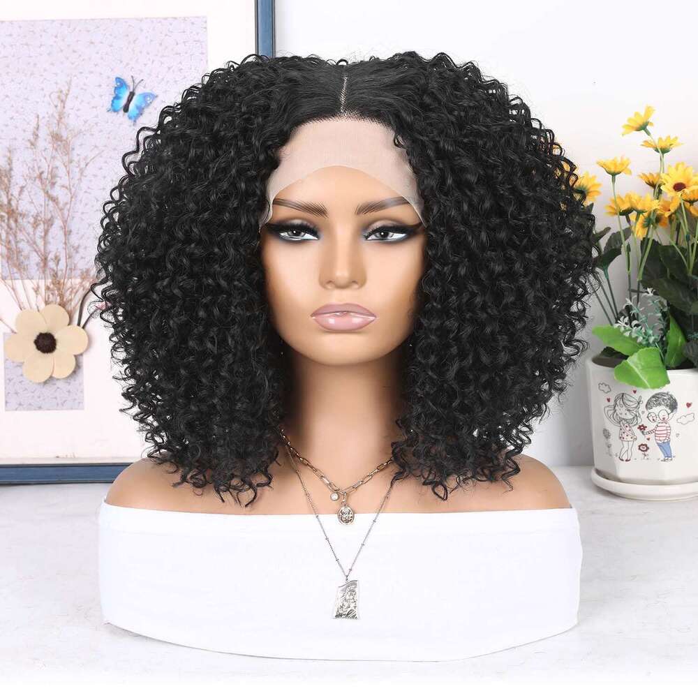 WIGER 15 inch Short Bob Lace Front 13X4X1 T Middle Part Afro Kinky Wigs Natural Synthetic Curly Wig For Black Women