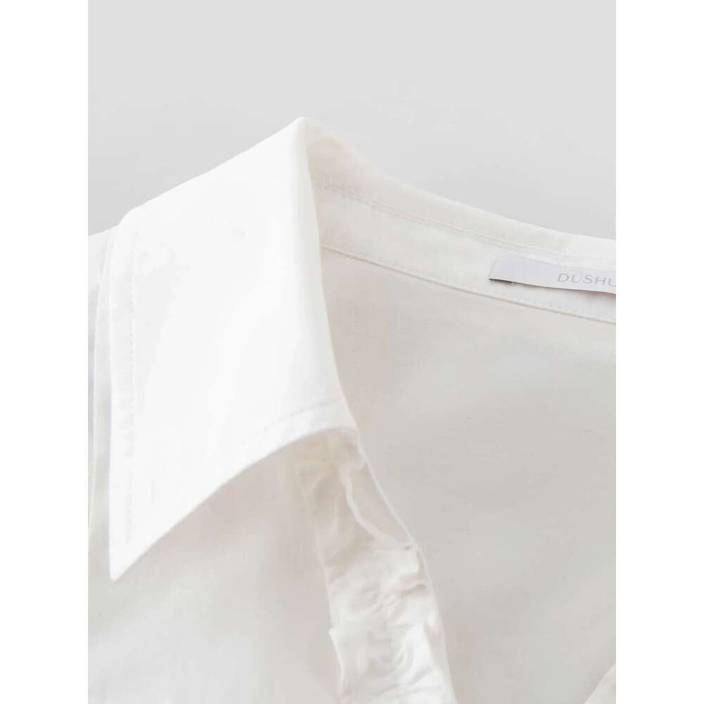 DUSHU Plus Size Women's Unique Design V Neck 2025 Spring New Commuting Casual V-Neck White Chic Shirt For Women 25Ds81055