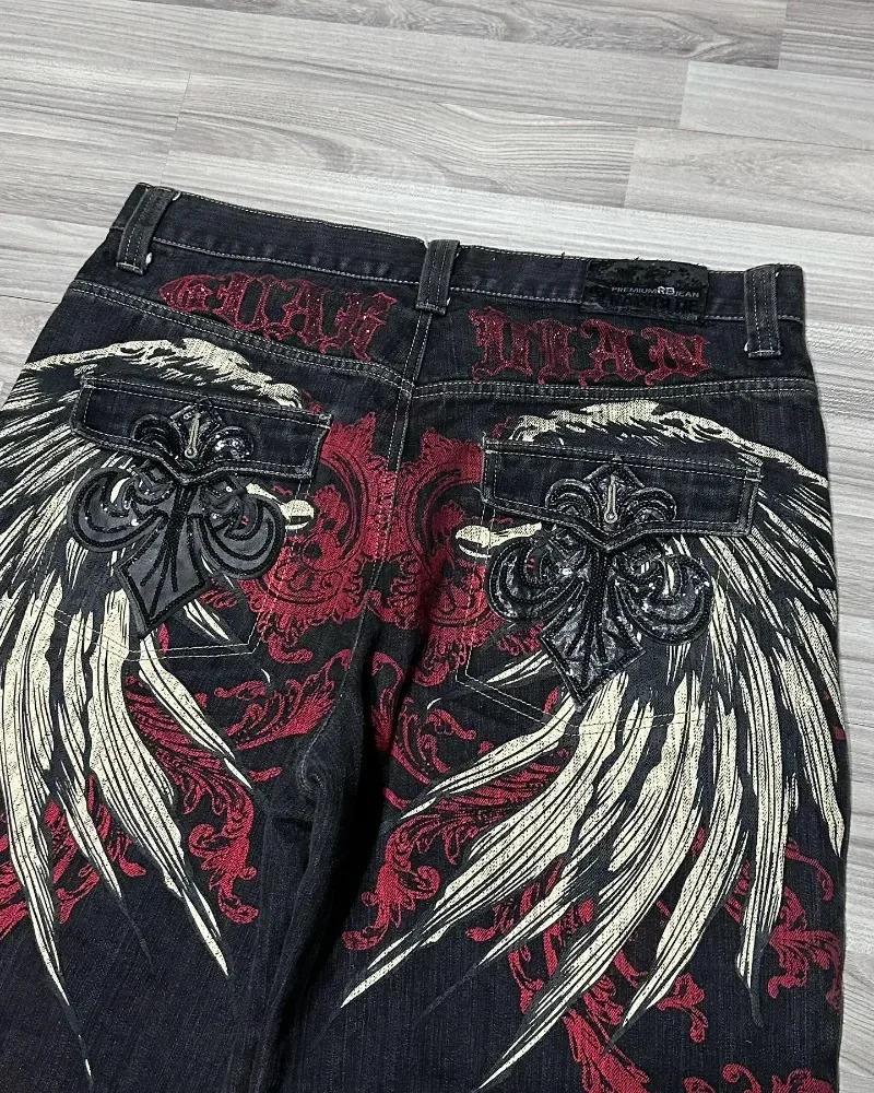 Gothic hip-hop wing oversized pattern printed mens denim shorts 2000s summer fashion street fashion y2k pants 250423