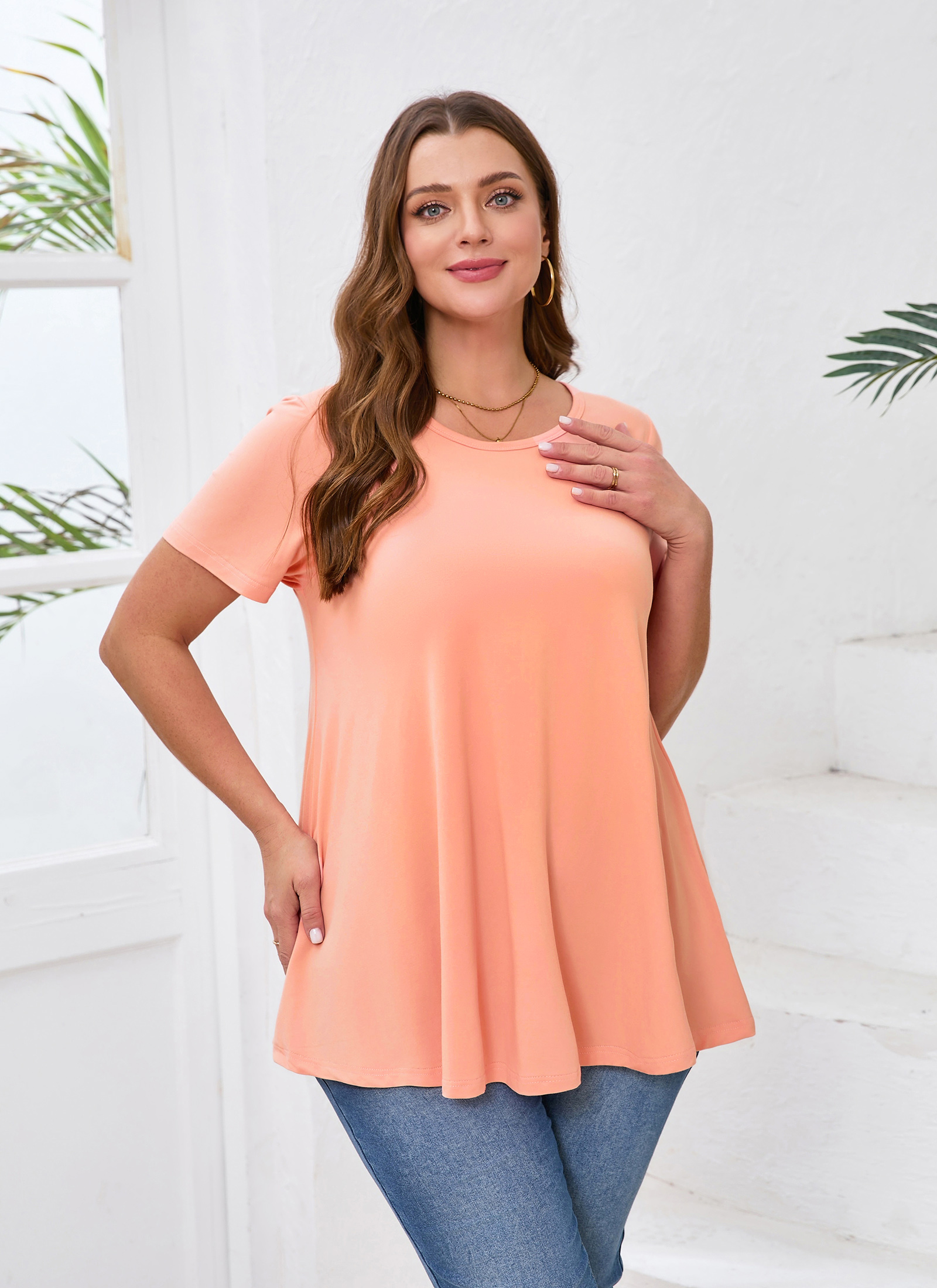 Tunic Tops for Women Plus Size Short Sleeve Crew Neck Swing Flare Loose T-Shirt Blouses to Wear with Leggings Coral Pink Tunic