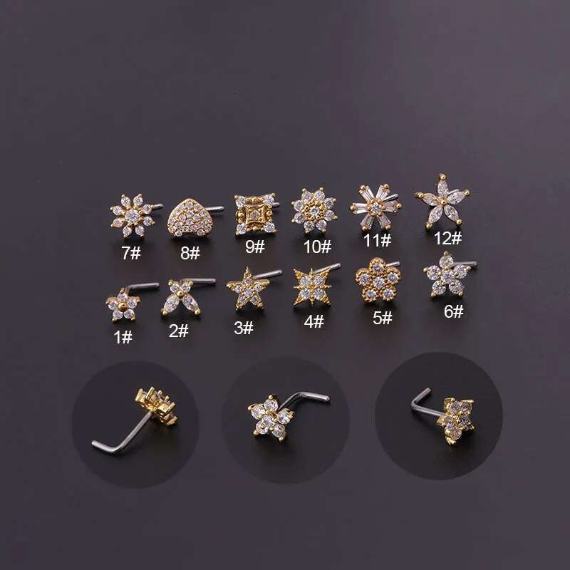 Stainless Steel Small Rings Zircon Flower Heart Nose Stud 20G Body Piercing Jewelry For Women Men Gift