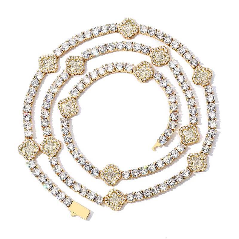 925 Silver Iced Out Tennis Chain VVS Tennis Chain Moissanite 925 SIlver Four Leaf Flower Chain with GRA Certificate