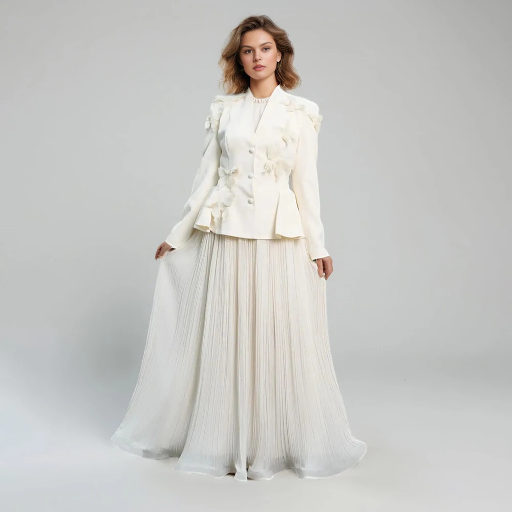 Solid and elegant twopiece womens Vneck long sleeved tuning jacket high waisted pleated formal set 250530