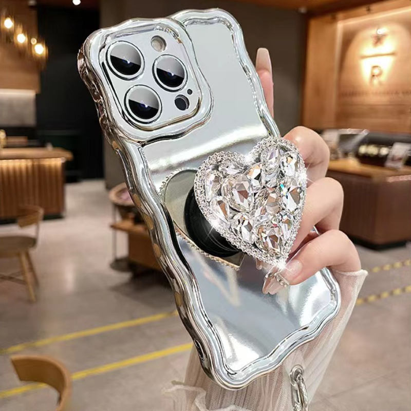 Electroplated Wave Mirror Phone Case iPhone 14/13 Pro Max Compatible with Apple 12 Bracelet Heart Stand Protective Case