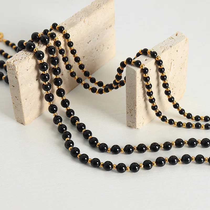 Black agate necklace womens round bead chain Gothic accessories Ot buckle gold-plated jewelry couple gift 250428