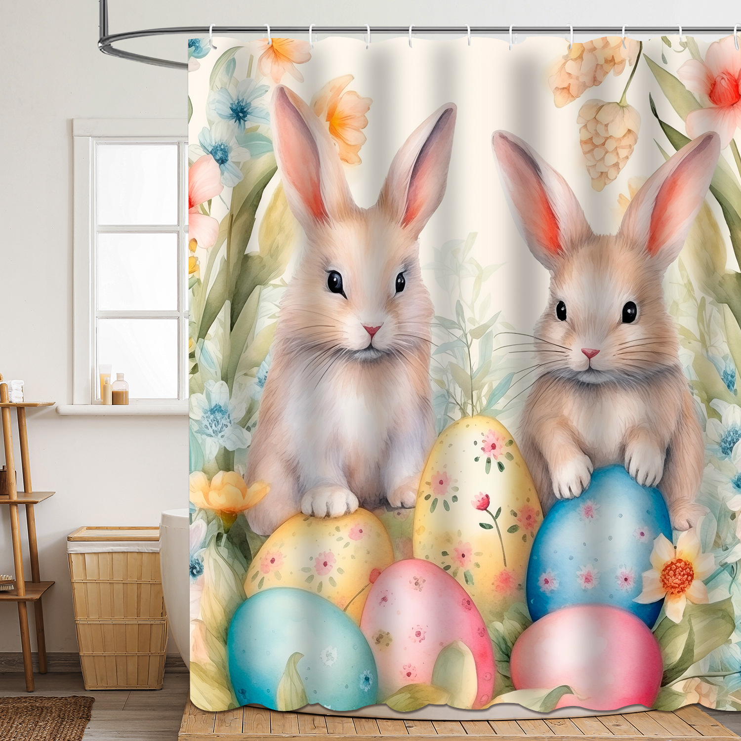 YL-37847 Shower Curtain Digitally Printed Easter Bunny Egg, Polyester Waterproof and Mildew-proof Shower Bathroom Partition Curtain